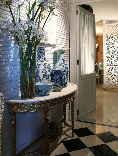 中式别墅青花瓷竹子装饰玄关装修效果图