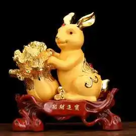 招财进宝树脂玉兔玉白菜摆件2023开门红兔年吉祥物工艺品年会庆典