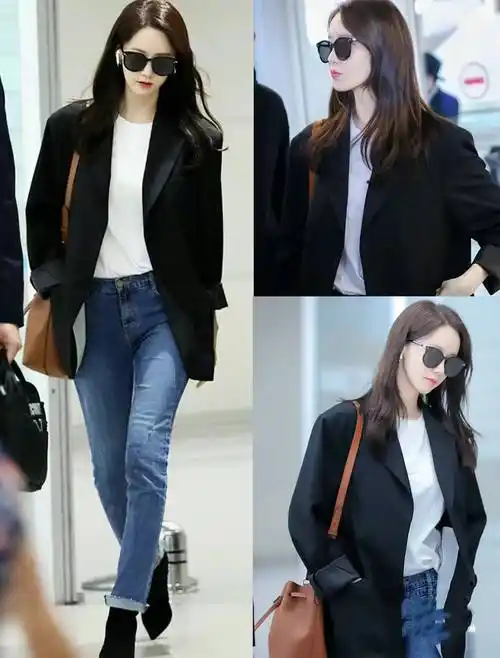 利落的西服外套 白色t恤 直筒牛仔裤在林允儿的穿搭中,白色t恤的出镜