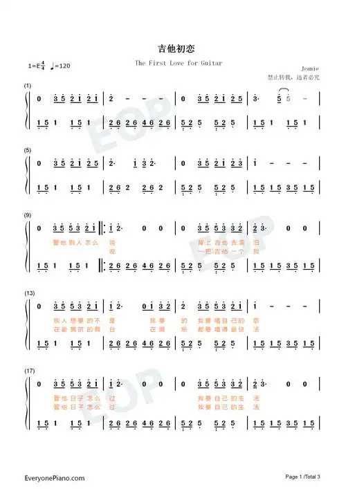 吉他初恋-简单版-不管是在今天在明天在后天-抖音双手简谱预览1