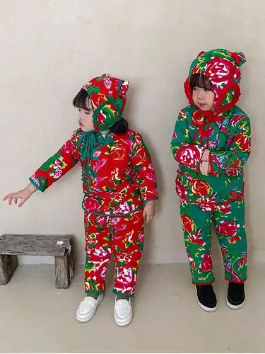 冬季儿童东北大花棉袄棉裤套装民族风男童女童中国风婴儿宝宝棉衣