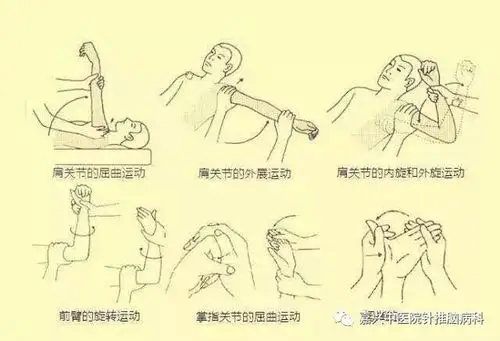 3,肩关节外展运动:活动者一手握住患者前臂,另一手注意保护肩关节,向