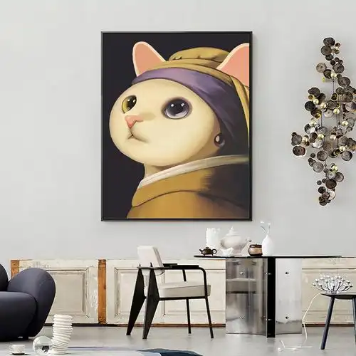 q版蒙娜丽莎带珍珠耳环的少女可爱喵咪客厅卧室墙艺术装饰画画芯