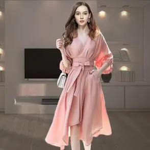 2022新款女装v领收腰裙子气质显瘦时尚裙中长款名媛连衣裙春夏装