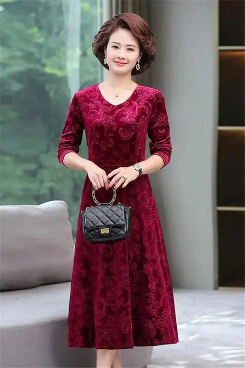 中老年春秋季长袖连衣裙女妈妈装春装修身弹力裙子中长款连衣裙