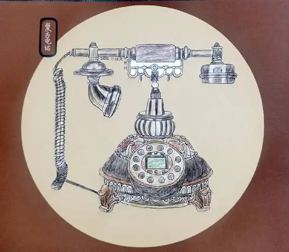 表现方式描绘出老式电话机的造型,同时组织线描元素丰富电话机的结构