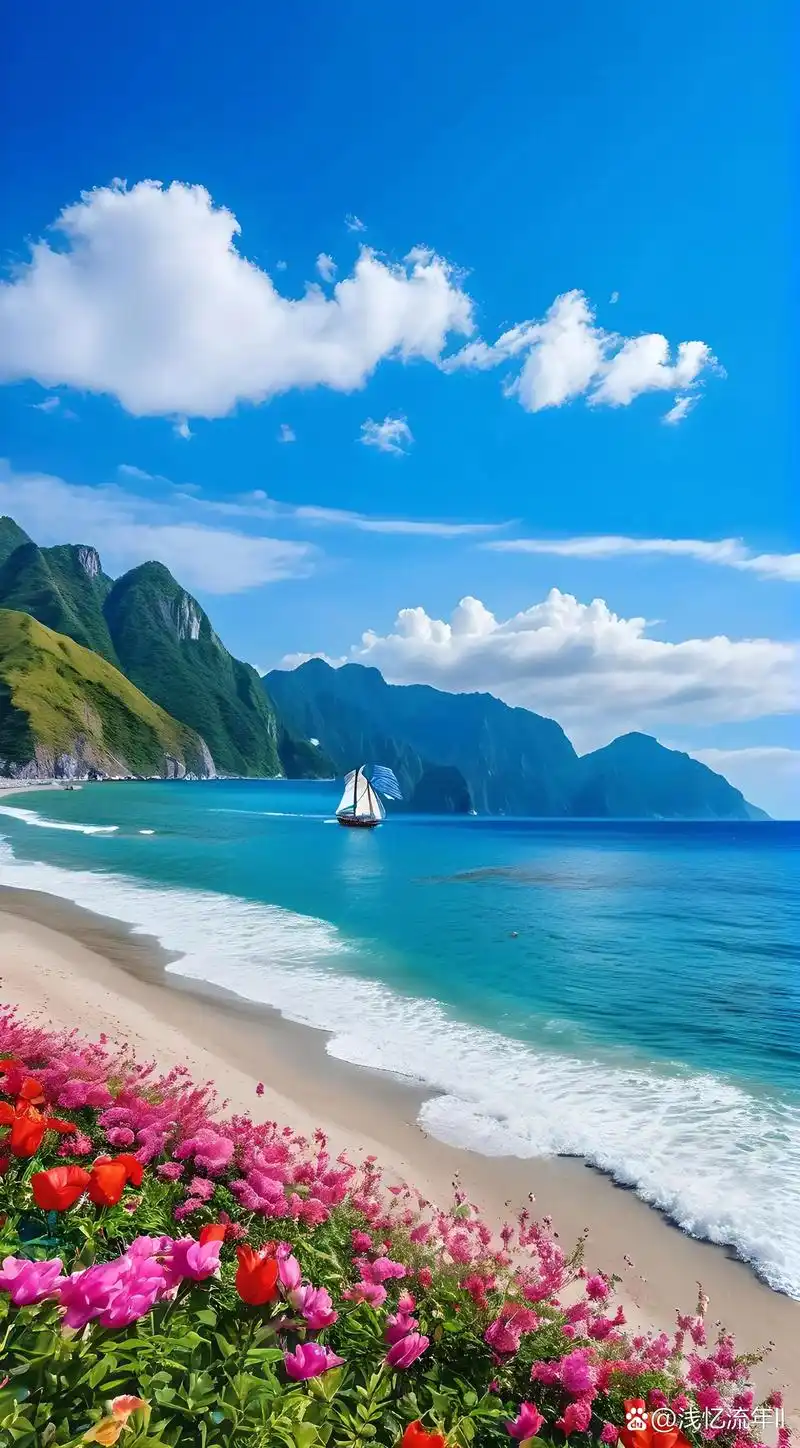 在蔚蓝的大海上,一艘白色的帆船正扬帆起航.