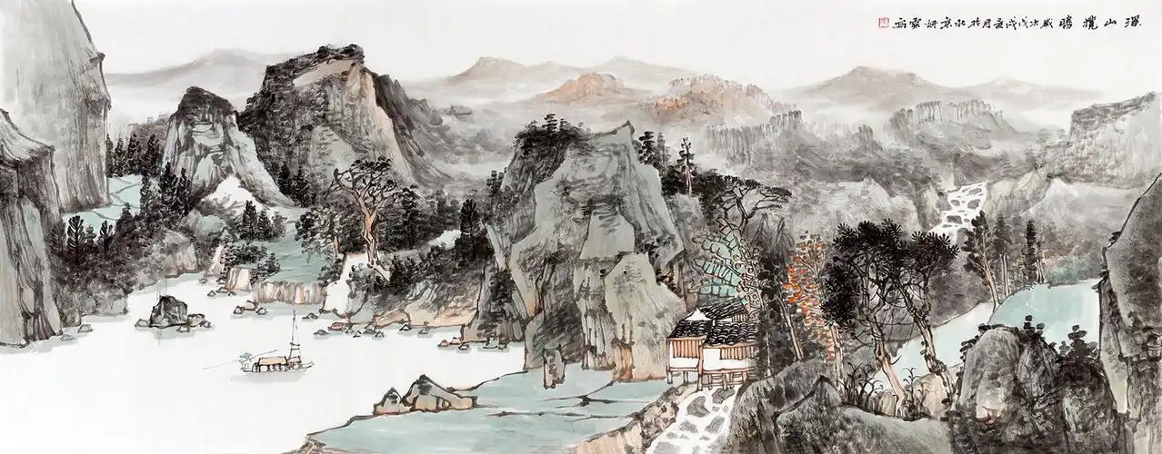 4,李佩锦六尺横幅写意山水画作品《溪山揽胜》