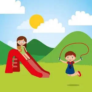 可爱的快乐的小朋友玩滑跳绳游乐场照片