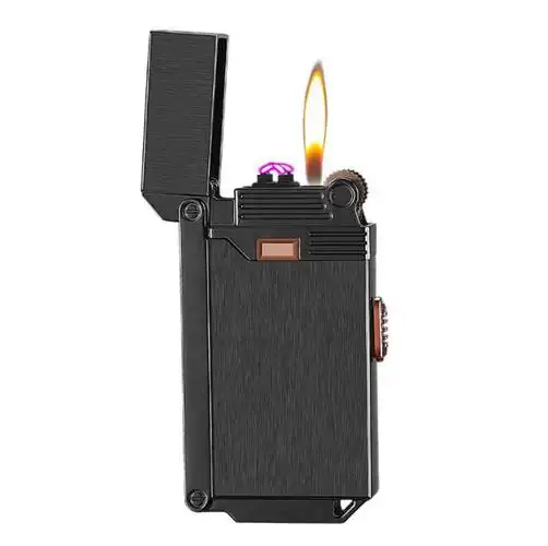 新款砂轮气电双用充电打火机明火双电弧防风打火机礼盒装