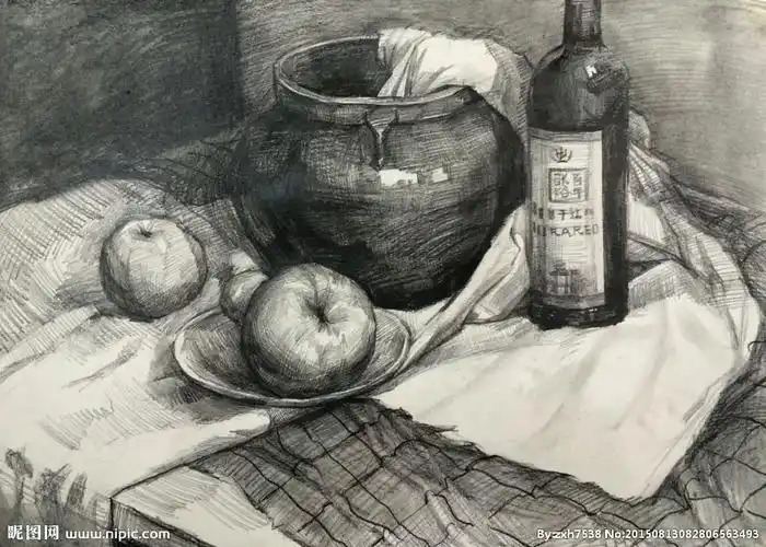 求一张静物素描,一个罐子,一块衬布,衬布一角放在罐口里
