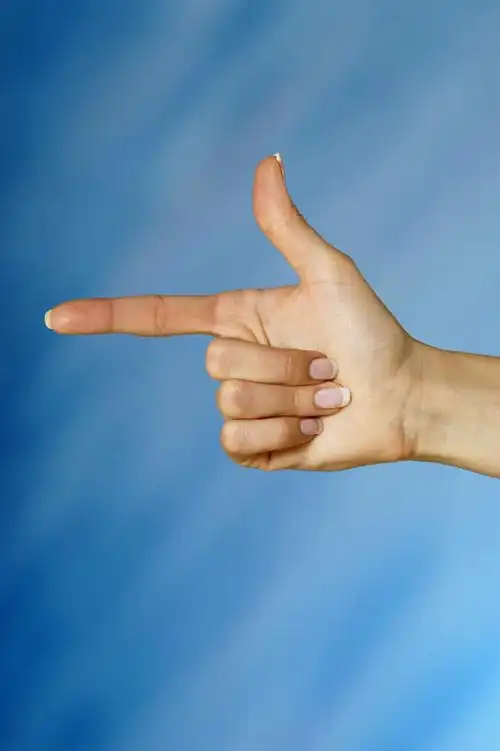 仅一个女性,仅一个人,阴影,蓝色背景,反射,枪,影子,手势,手部,竖,手语