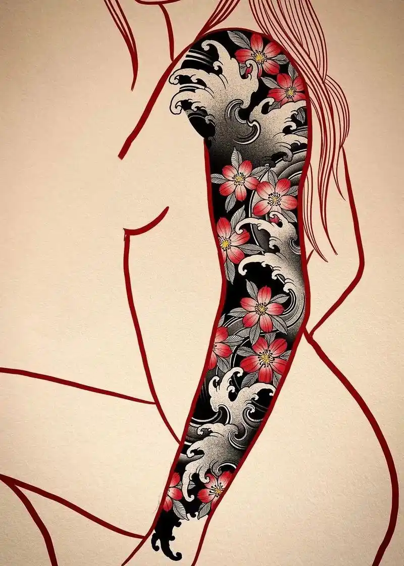 纹身手稿设计 #tattoo #花臂 #女生花臂 #樱花臂 - 抖音