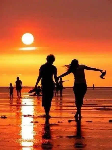 浪漫海边看日落情侣的图片