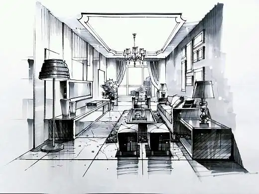客厅空间一点透视黑白效果绘制步骤图.
