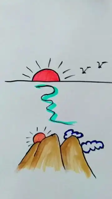 简笔画日出东海和日落西山,你喜欢哪一个