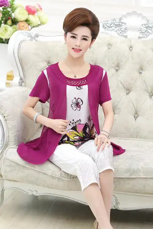 中老年中年大妈妈装夏季短袖t恤女夏装假两