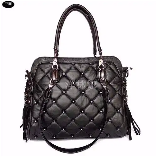 安璐琪2016秋冬新款女包狐狸毛铆钉水钻手提单肩斜挎三用包包潮黑