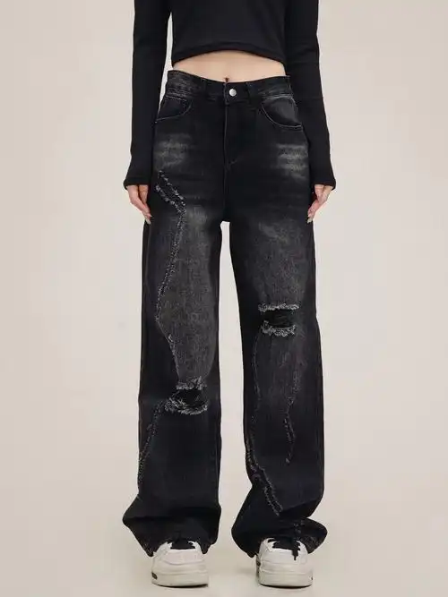 美式复古破洞做旧设计感黑色牛仔裤男女直筒长裤宽松休闲裤 - 17网