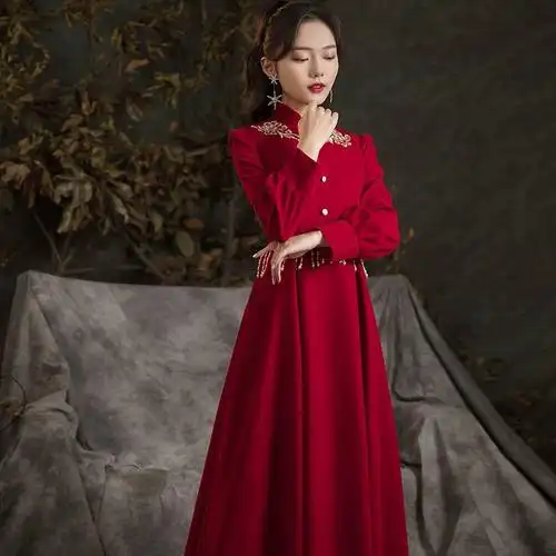 新娘敬酒服大码胖mm回门2022新款长袖高腰孕妇订婚晚礼服女秋冬