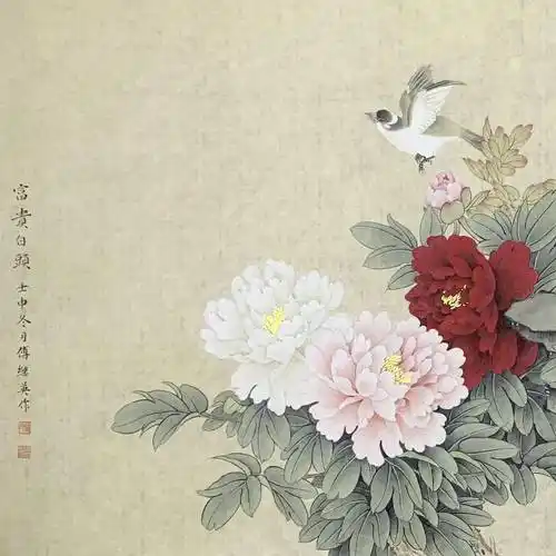 傅继英八平尺横幅工笔牡丹花鸟图《富贵白头》 壬申冬月作_人们_花之