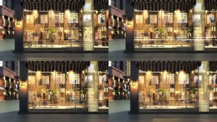 3d动画黄昏商业街橱窗反射街景