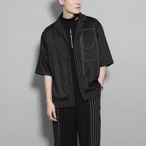 原创男装 复古港风日系几何线条纹撞色拼接t恤休闲衬衫男夏季短袖