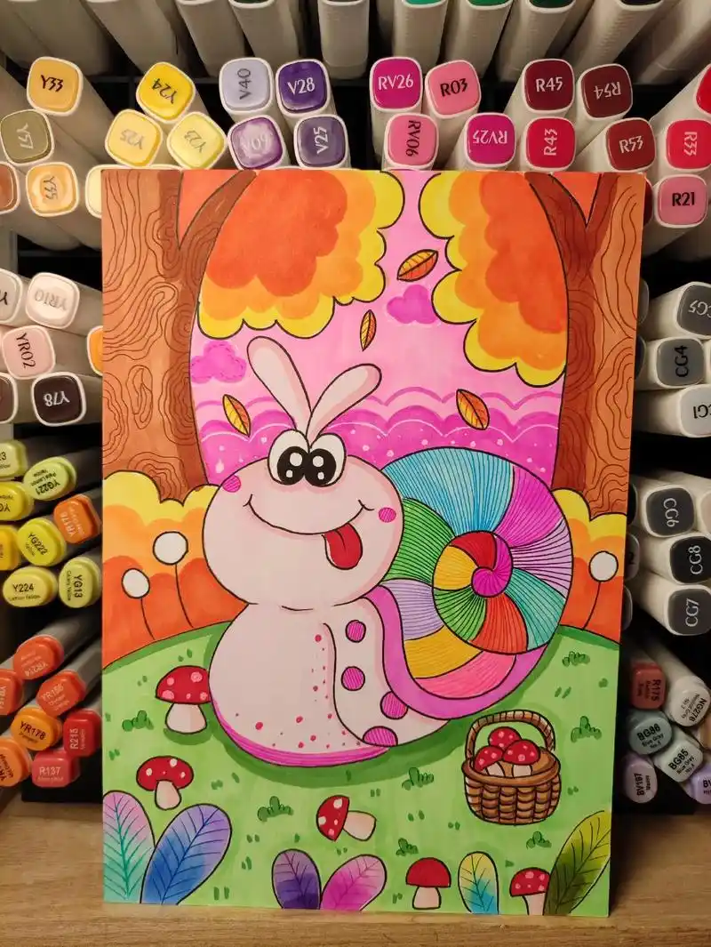 马克笔儿童画—《可爱小蜗牛》#少儿美术 #简笔画 #多乐绘马 - 抖音