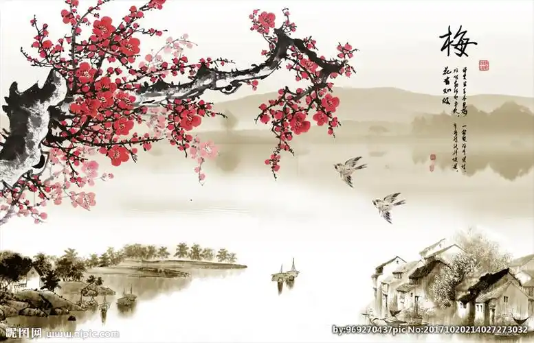 山水梅花背景墙图片