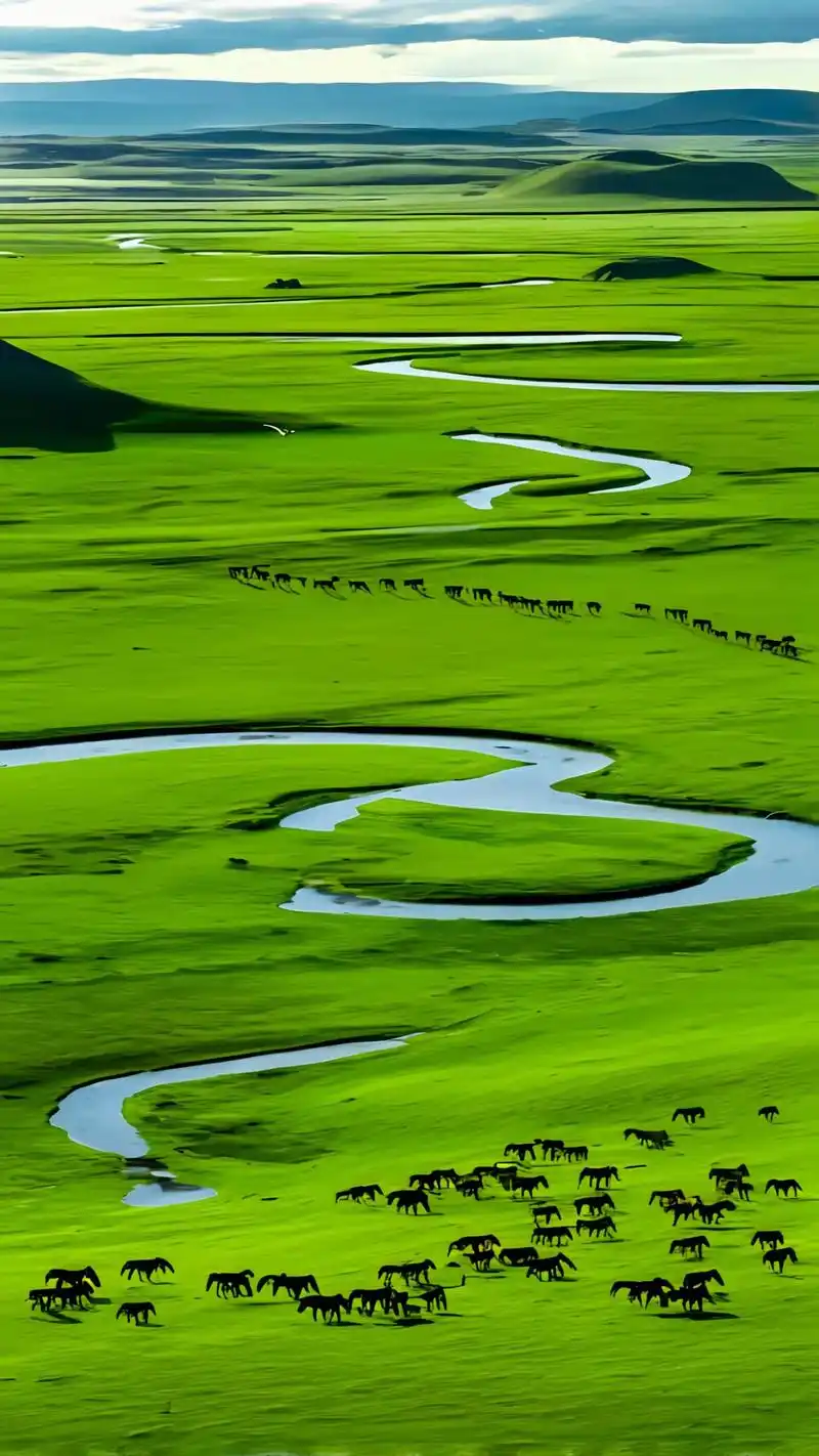 草地青青,河流迂回,大队的骏马像草原上的勇士,自由驰骋.美 - 抖音