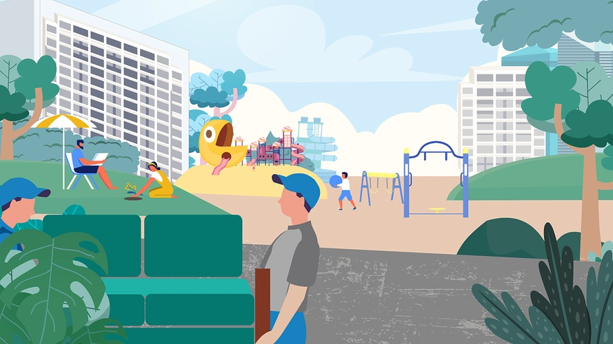 天,客户希望能把社区的大环境给还原出来,每个场景都是根据小区来还原