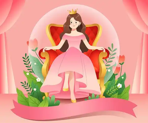 女神节粉色花丛中穿浅蓝色婚纱的美丽女神插画