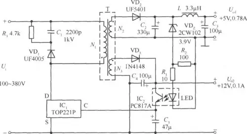 top221p构成的5v12v双路输出4w反激式开关稳压电源电路