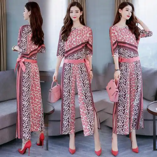 高腰阔腿裤套装夏女女士新品潮时尚两件套夏装显瘦气质夏款仙女