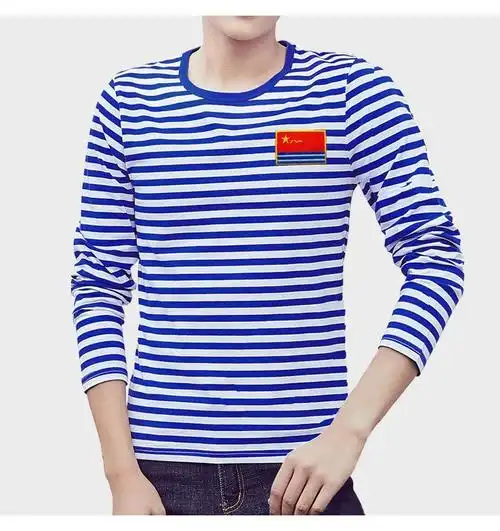 夏贝茉秋冬蓝白海魂衫条纹长袖t恤男装海军衫圆领打底体恤棉质刺绣