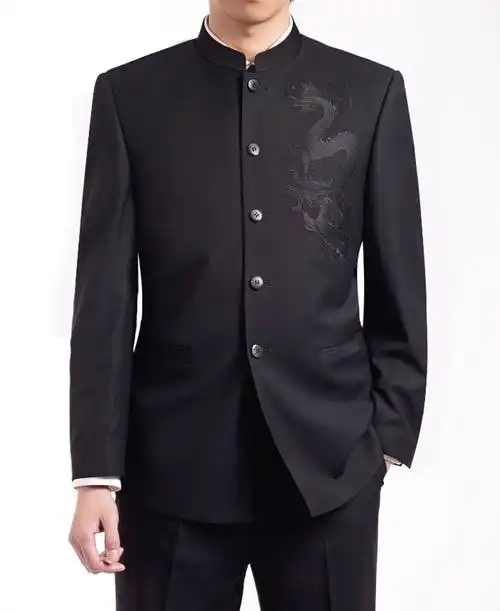 现货批发中式韩版修身立领男中山装套装青年绣龙男士礼服一件代发图片