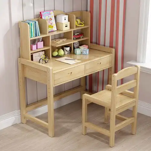 实木学习桌中学生小学生初中生书桌家用写字桌椅套装书桌组合 原木80*