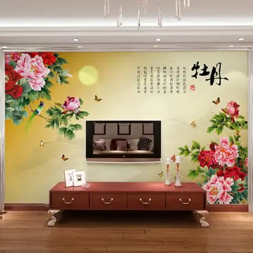 卡茵 牡丹大型壁画电视背景墙壁纸 现代中式整张无缝壁画客厅卧室贴画