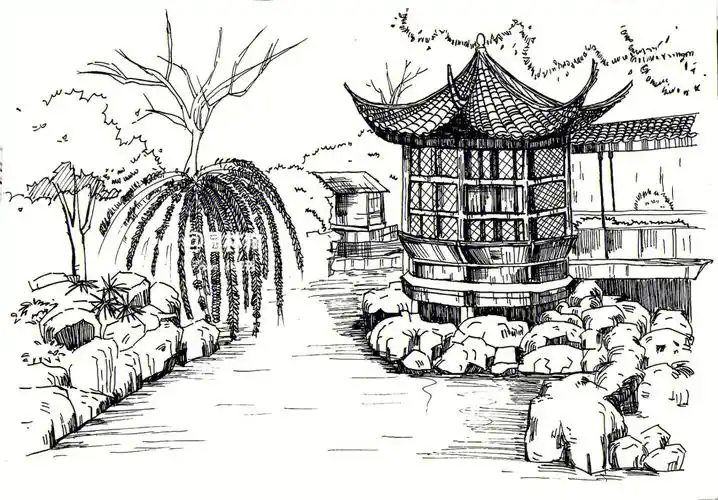 速写中国古代园林攒尖顶临摹