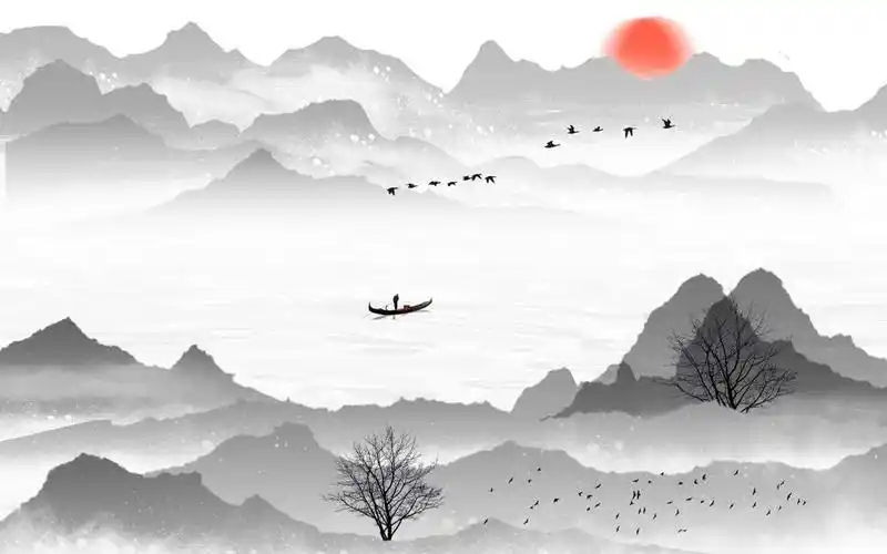 壁画黑白意境山水