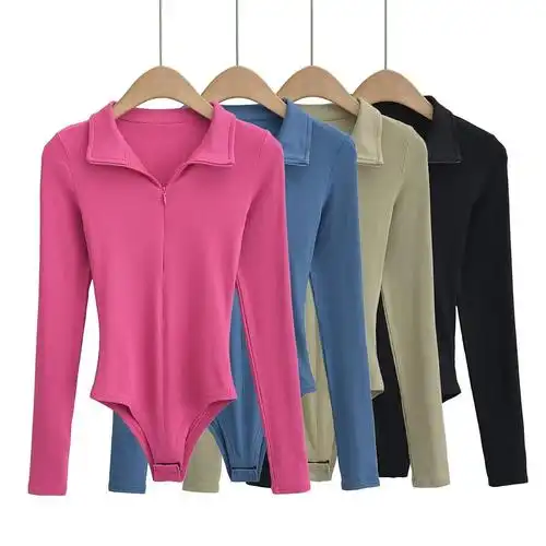 维瑞蒂外贸 欧美风新款女装辣妹性感修身运动翻领显瘦长袖连体衣