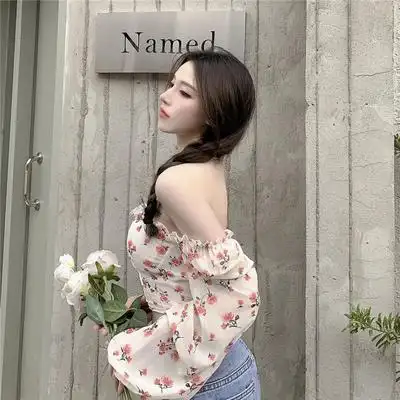 网红衣服主播服装上镜性感碎花一字领挂泡泡雪纺上衣蕾丝衫