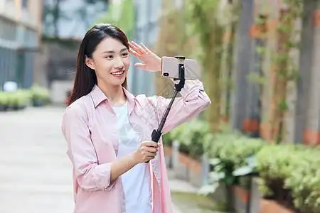 户外人像自拍青年女主播户外直播记录生活背景