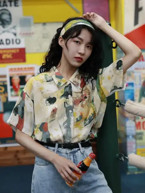 官网#短袖花衬衫女设计感小众轻熟复古港味港风上衣夏季印花衬衣