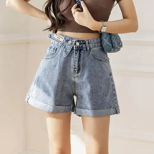 女夏季薄款遮胯卷边休闲a字阔腿热裤显瘦直筒裤实拍高腰牛仔短裤