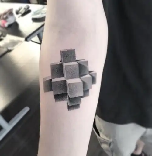 小手臂黑灰几何风立体图形点刺积木纹身图案