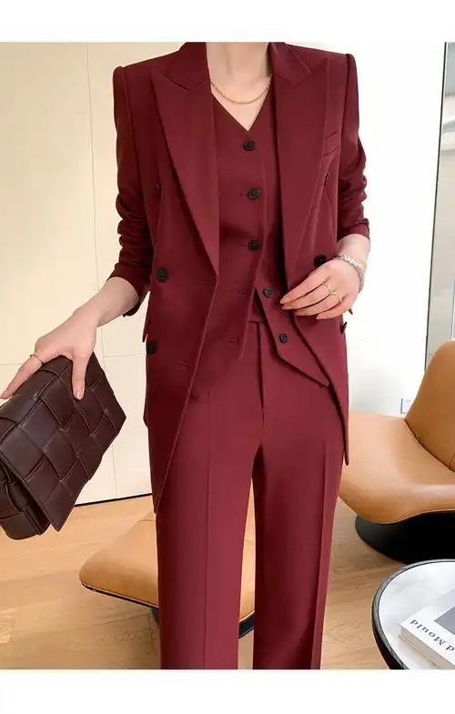 sgirl酒红色西装套装女感职业正装高端御姐风总裁马甲西服春秋三件套