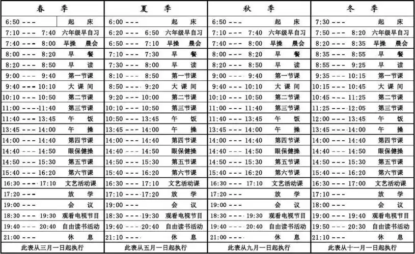 四季作息时间表