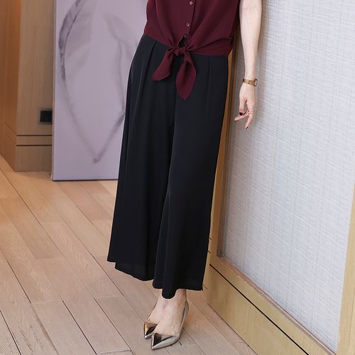 真丝垂感阔腿裤女春秋九分大脚裤长裤宽松高腰直筒黑色桑蚕丝裤子