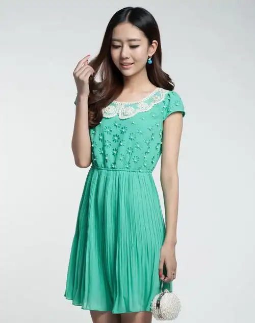 绿色娃娃领雪纺连衣裙-详情